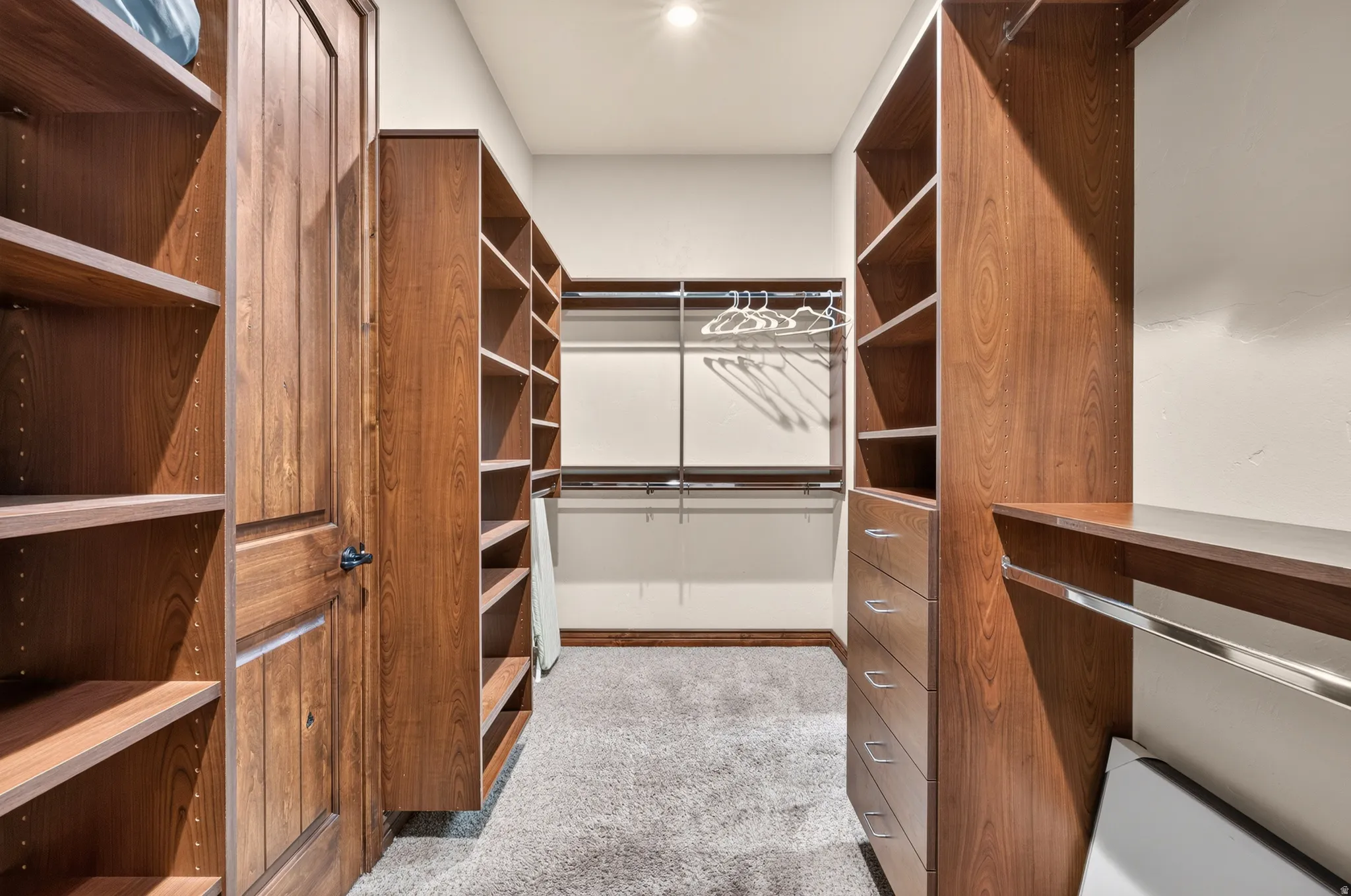 Ample space for storage; custom wood-finish shelving and built-in drawers;