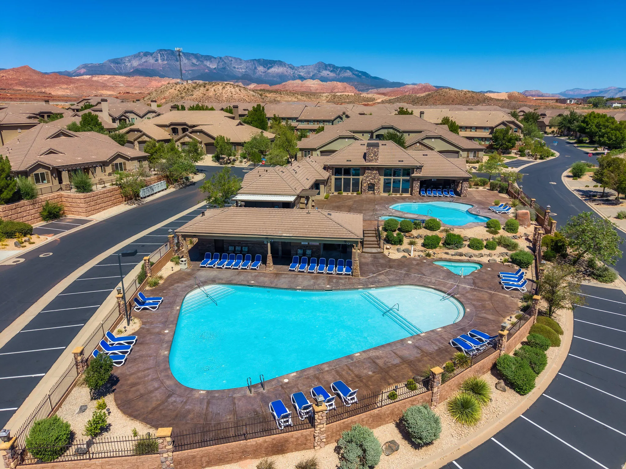 Tow year-round heated pools, two hot tubs/spas, exercise room, gathering space, and playground
