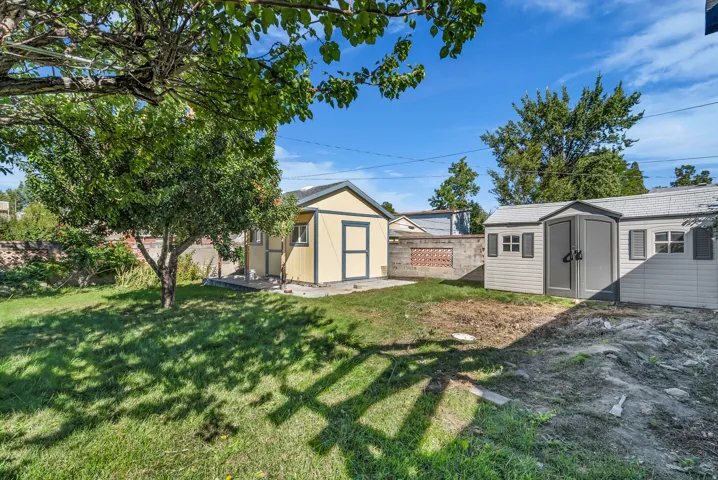 Expansive backyard with a mature tree, featuring a detached shed with double doors and a smaller auxiliary structure