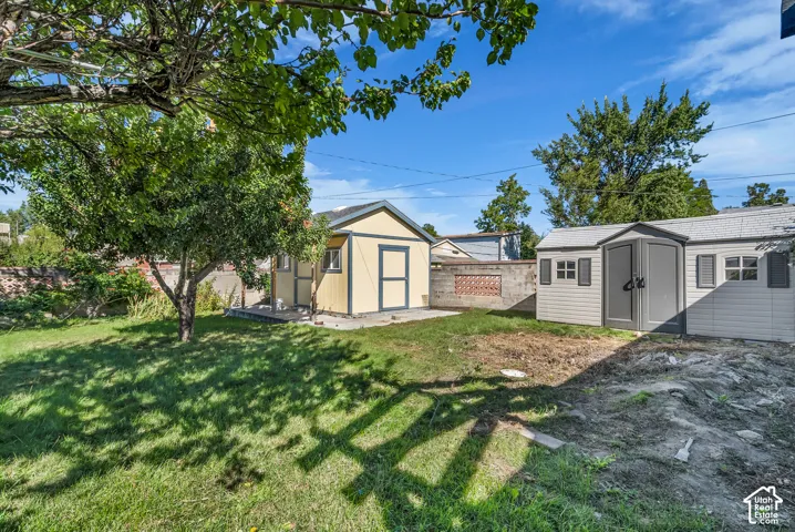 Expansive backyard with a mature tree, featuring a detached shed with double doors and a smaller auxiliary structure