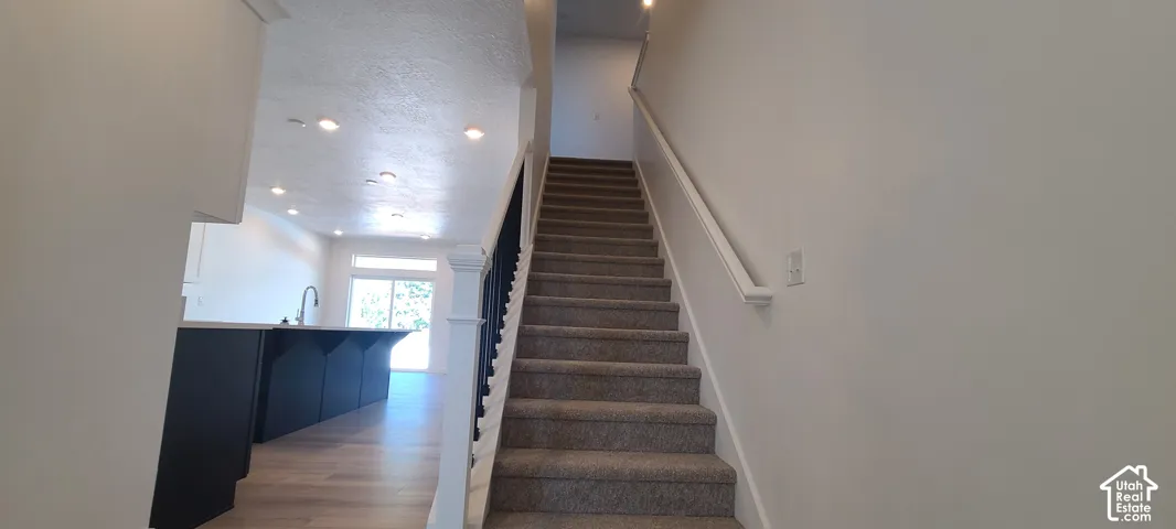 Carpeted staircase with white handrail and dark balusters