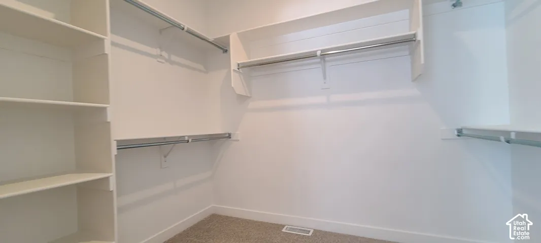 Built-in shelving, multiple hanging rods, white walls, and carpet flooring
