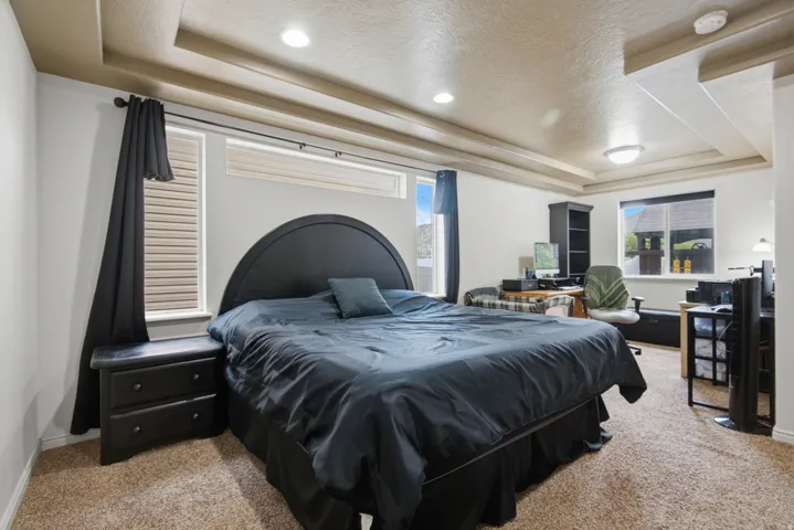 Recessed lighting, tray ceiling, carpet flooring, windows with blinds, built-in shelving