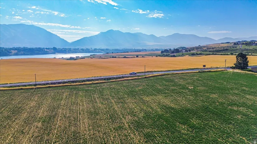 Expansive green field with a distinct yellow field, bordering a paved road and natural water feature, all set against a backdrop of distant mountains