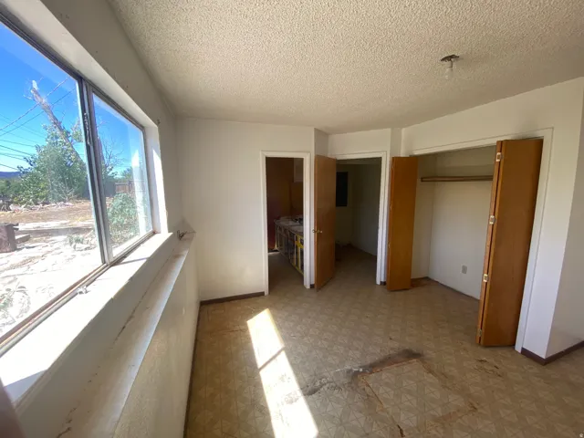 Large window allowing natural light, textured ceiling, two interior doorways, and an open closet with bi-fold doors