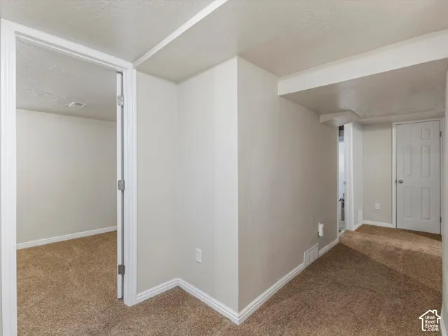 Neutral wall finishes, textured ceilings, carpet flooring, white trim, and a paneled interior door