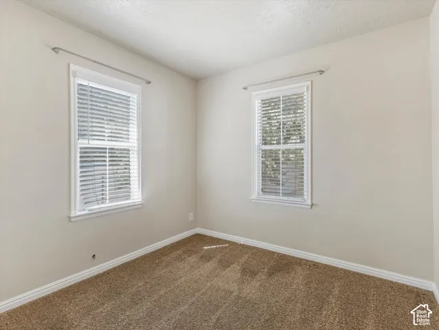 Neutral wall finishes with white trim, two double-hung windows with blinds, and brown carpet flooring