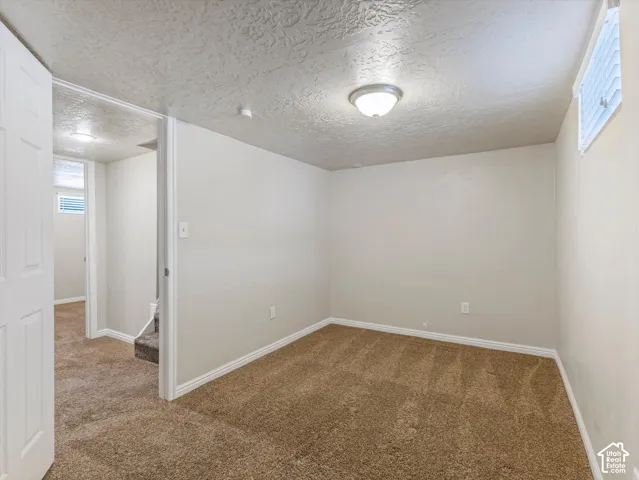 Neutral painted walls with textured ceiling and brown carpeting