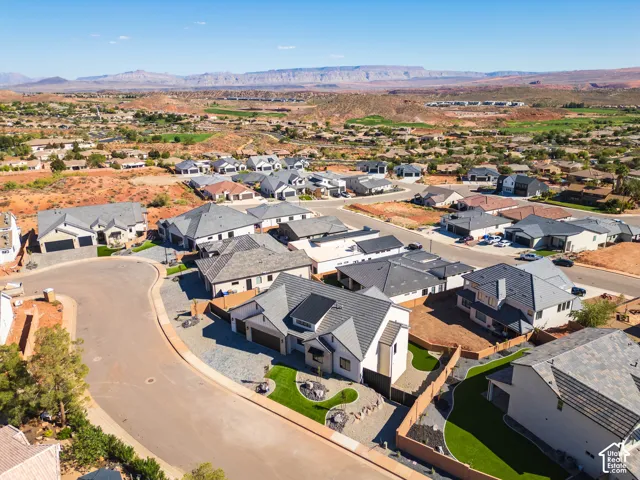 Residential neighborhood with contemporary homes and mountain backdrop