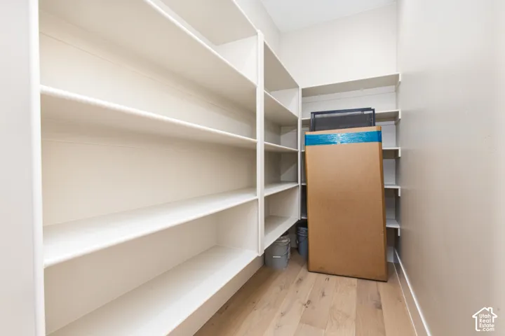 Built-in shelving, extensive storage capacity, light wood-finish flooring, neutral wall paint, recessed lighting