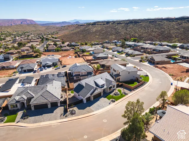 Aerial perspective of a residential community with varied architectural styles