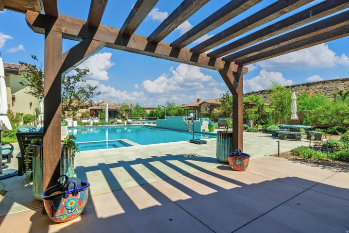 Covered gazebo adjacent covered outdoor eating area