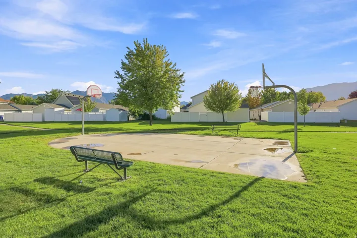Grassy expanse featuring a concrete basketball court with two hoops, surrounded by mature trees