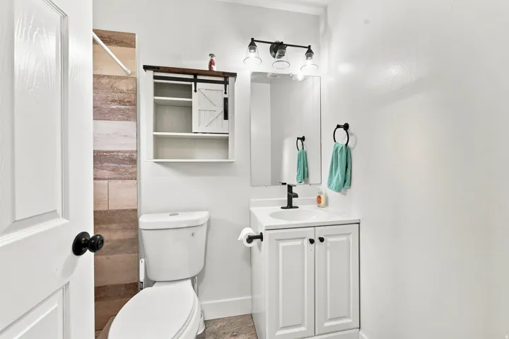 White vanity with panel doors and matte black hardware, single white sink, wall-mounted mirror, and three-light vanity fixture