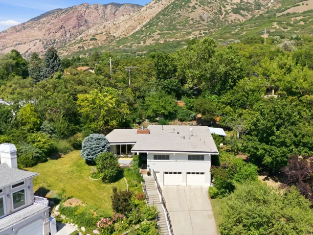 Mid-century modern residence featuring a two-car garage, mature landscaping, and a driveway
