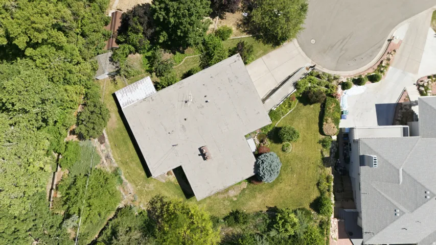 Expansive property featuring a paved driveway, mature trees, and a cul-de-sac