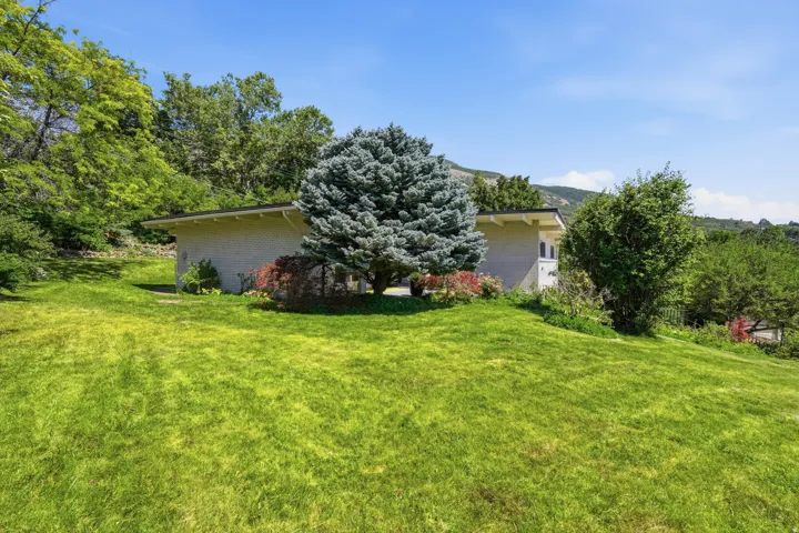 Expansive grassy yard with mature trees and shrubbery, featuring a stucco exterior and pitched roofline
