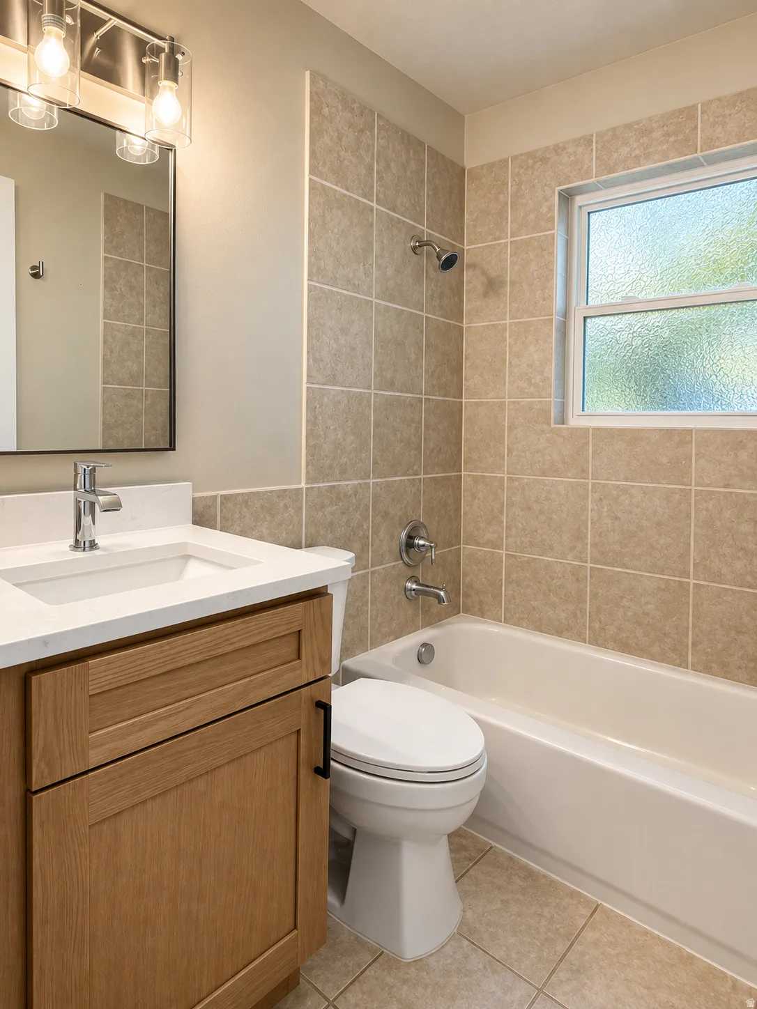 Warm-toned floor tiling, light wood-finish vanity, white countertop, and tiled shower surround with bathtub