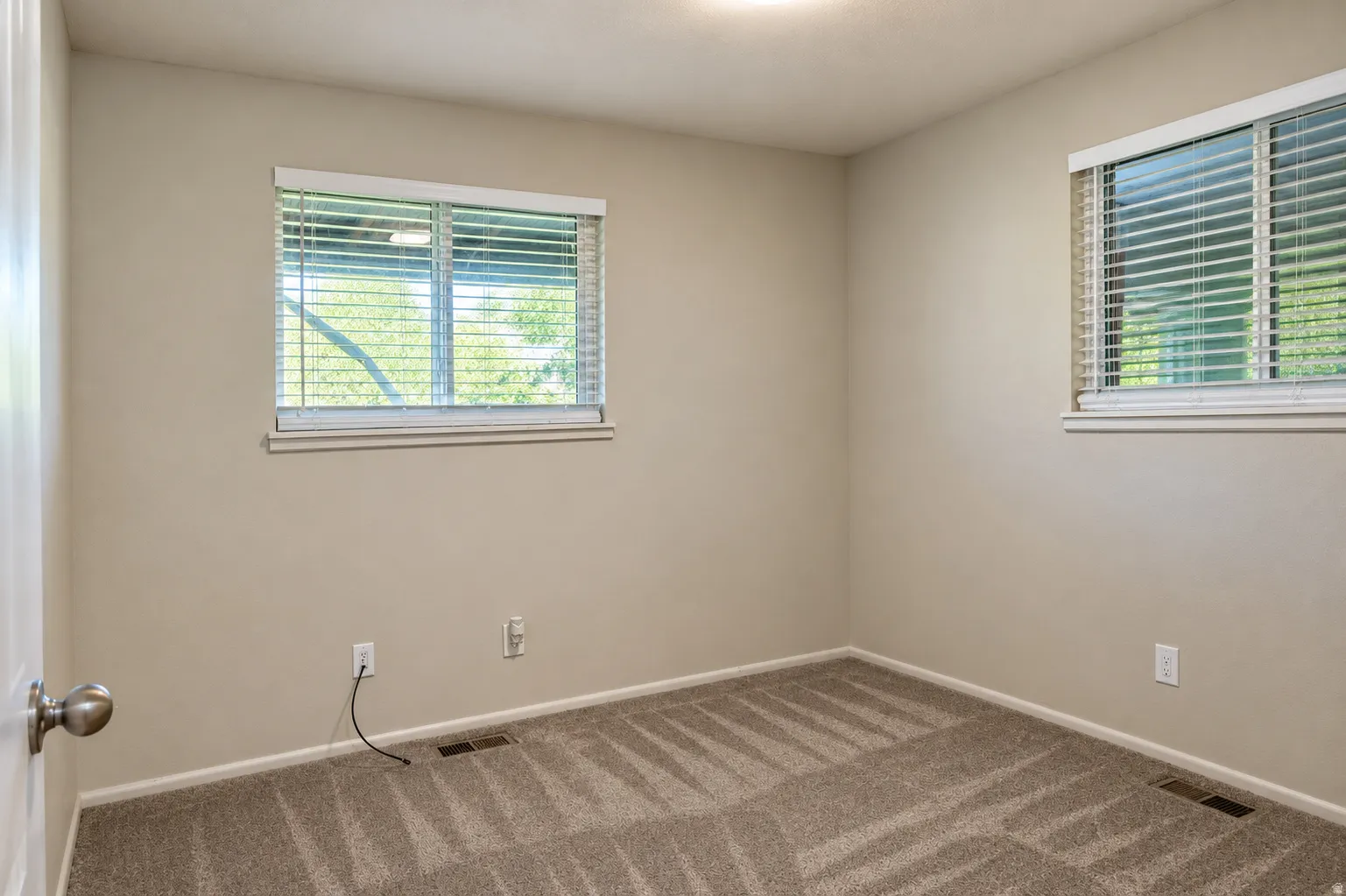 Neutral-toned wall paint, two windows with blinds, and patterned carpeting