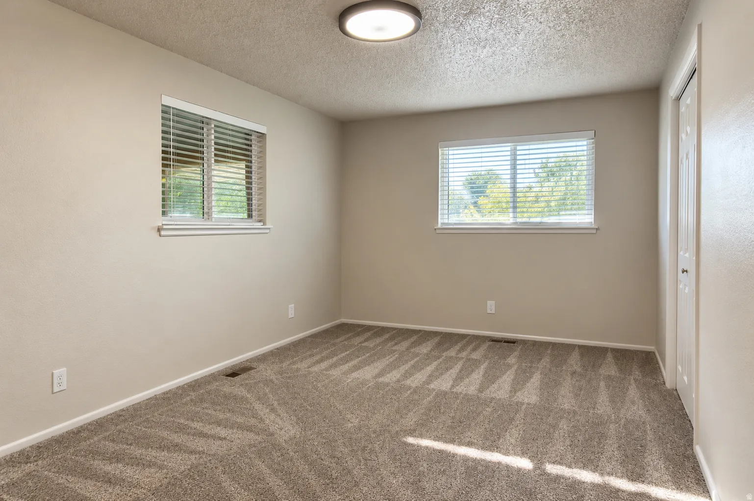 Neutral-toned walls complement the textured carpet flooring