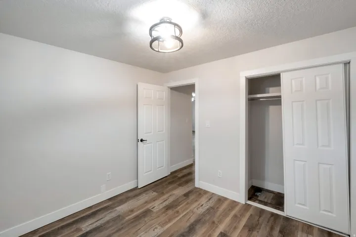 Wood-finish flooring throughout, white trim, and a ceiling-mounted light fixture