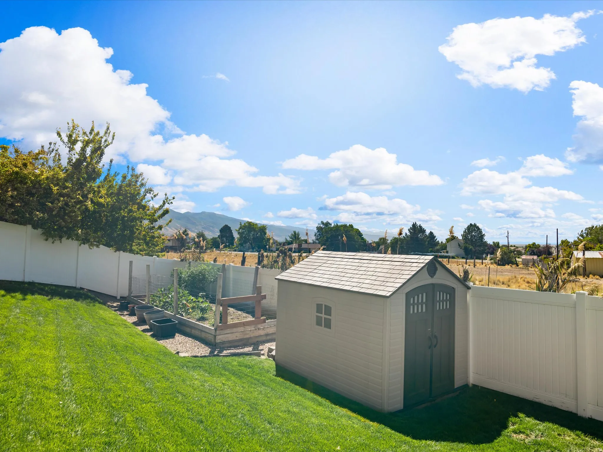 Expansive backyard featuring a manicured lawn, white privacy fencing, a storage shed, and a raised garden bed