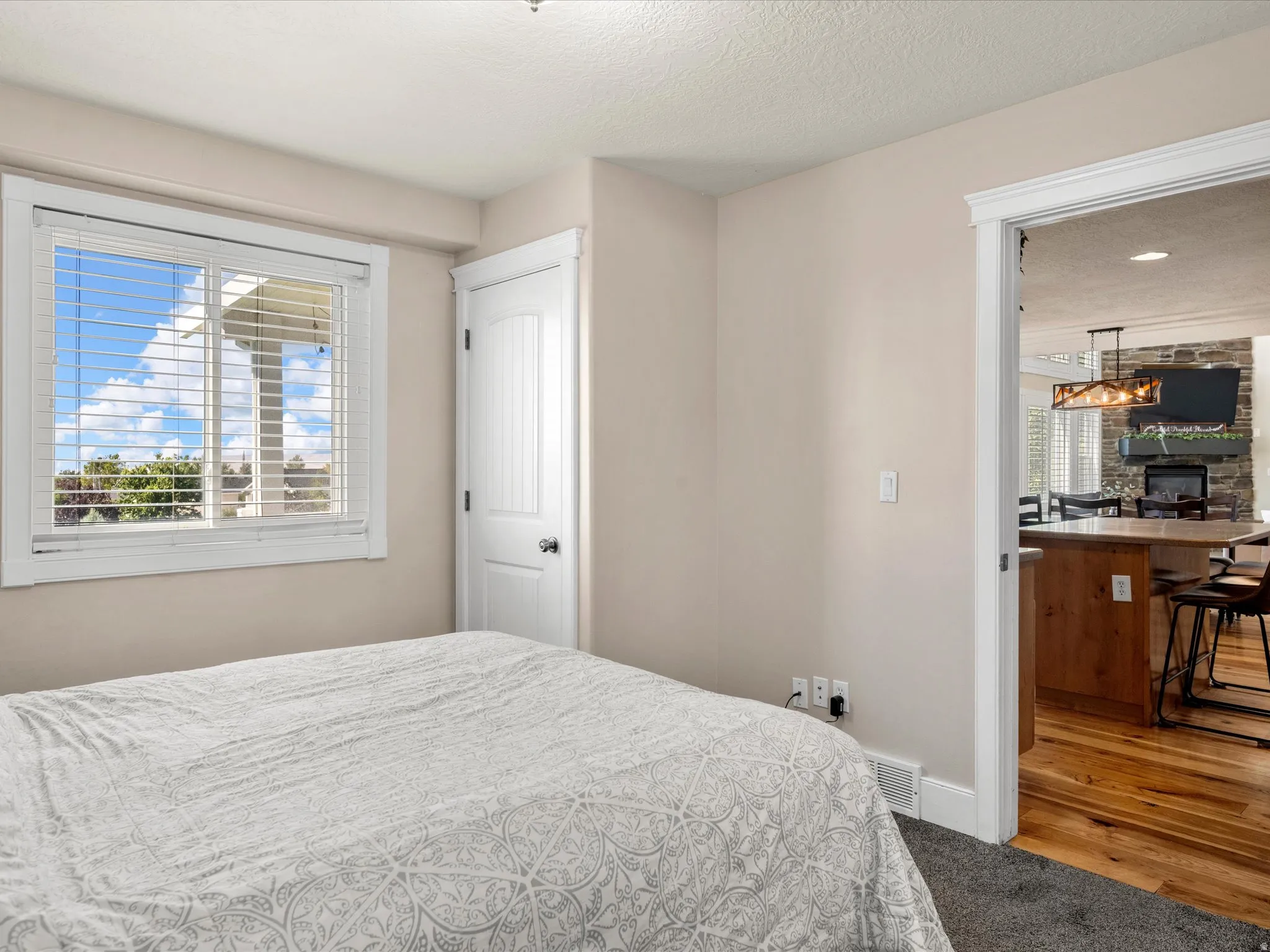 Built-in window blinds and white trim