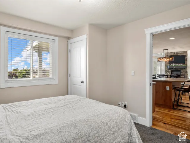 Built-in window blinds and white trim