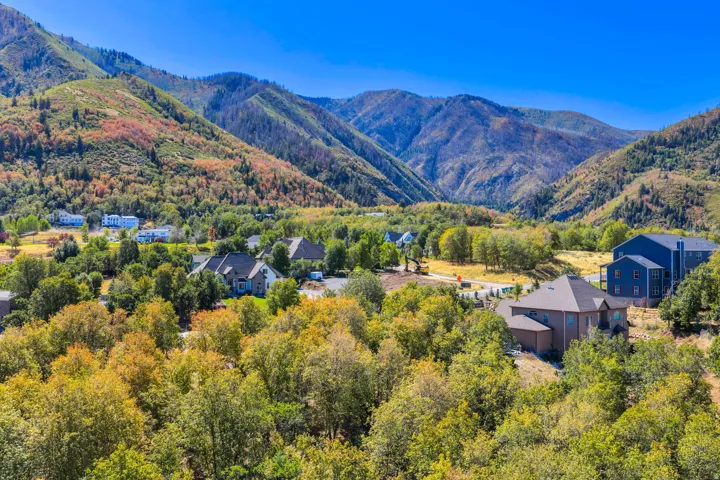 Mountainous terrain surrounds a residential area with varied architectural styles
