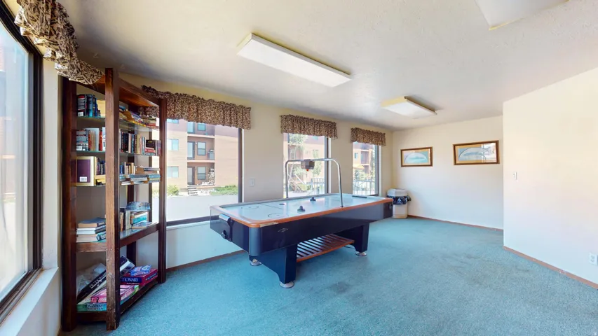 Recreational room featuring large windows, wall-to-wall carpeting, and fluorescent lighting