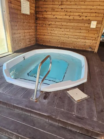 Built-in hot tub with a stainless steel grab rail, surrounded by wood-finish decking and wood-paneled walls