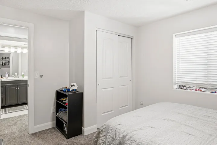 Carpeted room featuring a white sliding closet door, window with horizontal blinds, and a neutral wall color