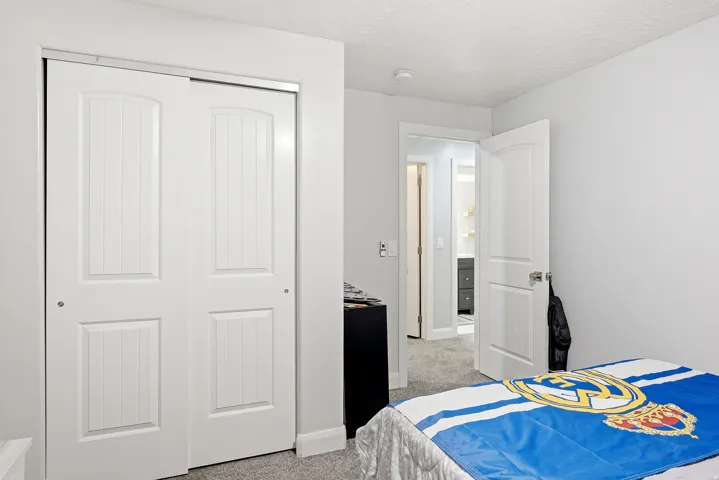 White bi-fold closet doors, light gray wall paint, and gray carpeted flooring