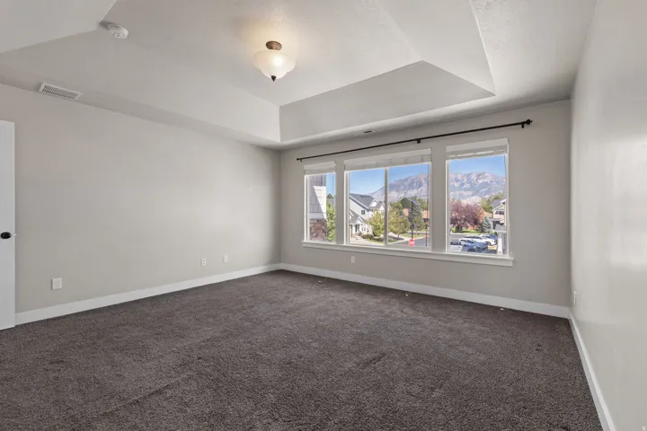Tray ceiling with recessed lighting, wall-to-wall carpeting, and three transom windows