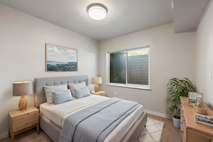 Recessed window, ceiling-mounted light fixture, light-toned wall color, and carpeted flooring