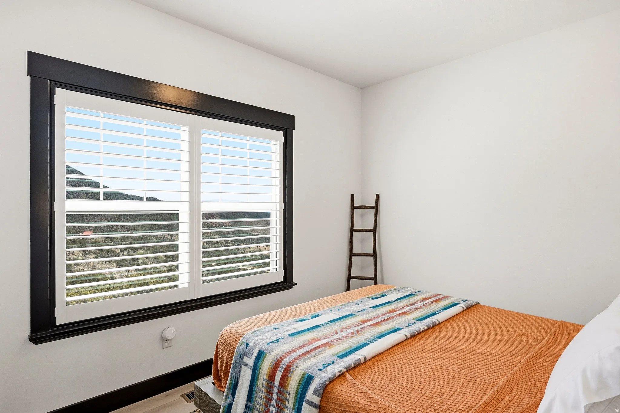 Window with white louvered shutters and black trim