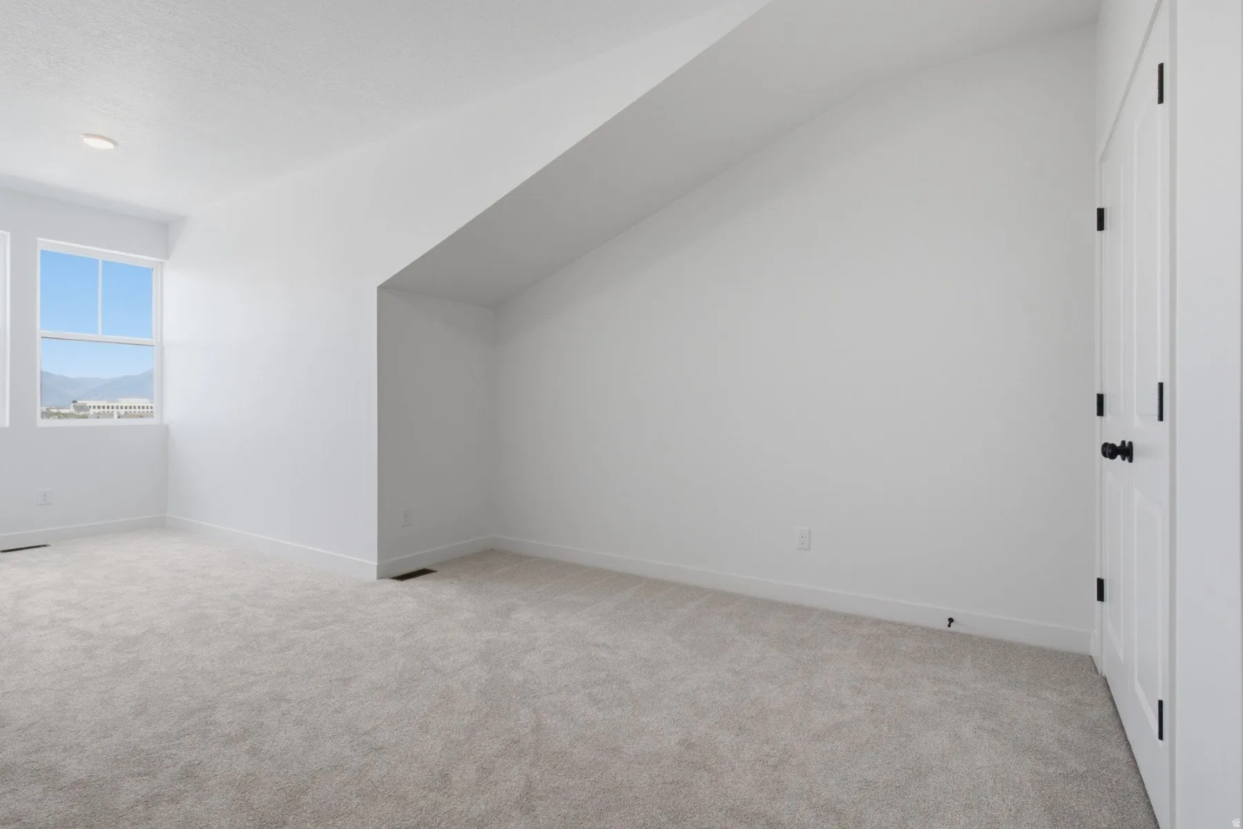Bright room featuring recessed lighting, light-colored carpeting, white walls, and a white door with matte black hardware