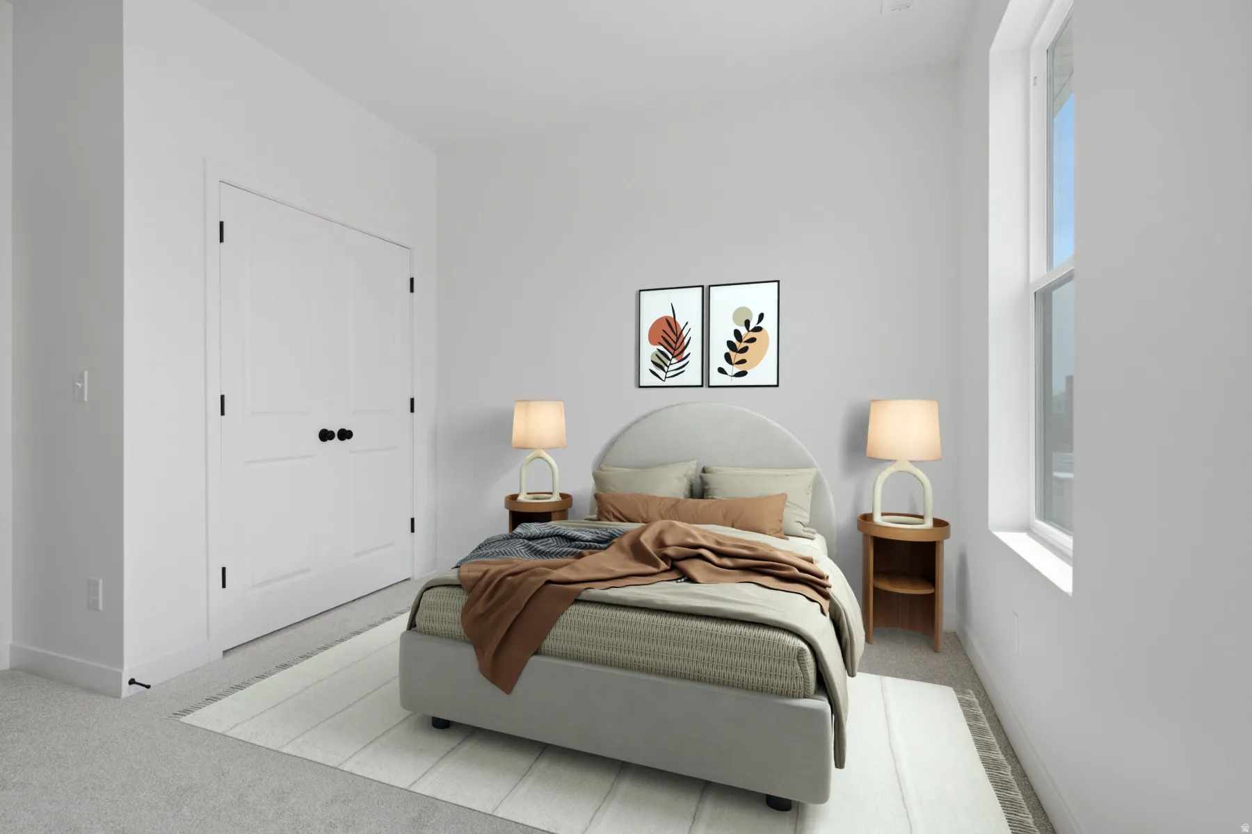 Light-toned carpeting, ample natural light from the window, white walls, and bright white bi-fold closet doors with black hardware