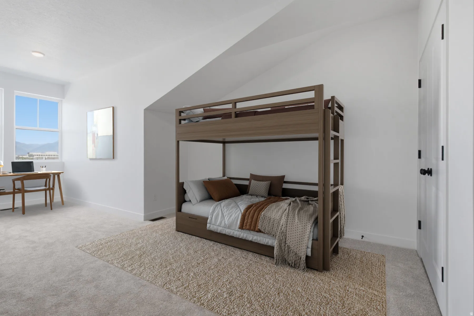 Wall-to-wall carpeting and bright white walls