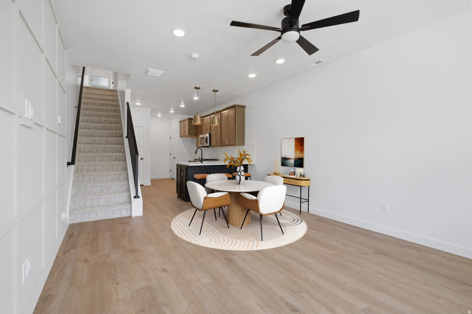 Modern wood-finish flooring with recessed lighting