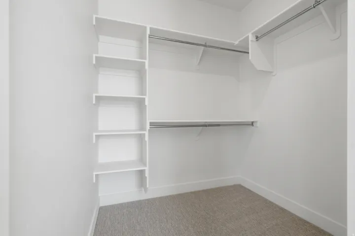 Built-in shelving, multiple hanging rods, and neutral-toned carpeting