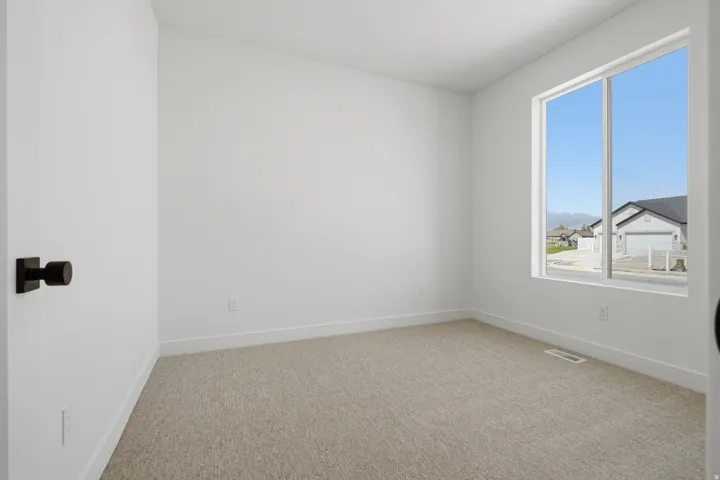 Warm neutral carpeting and a large window
