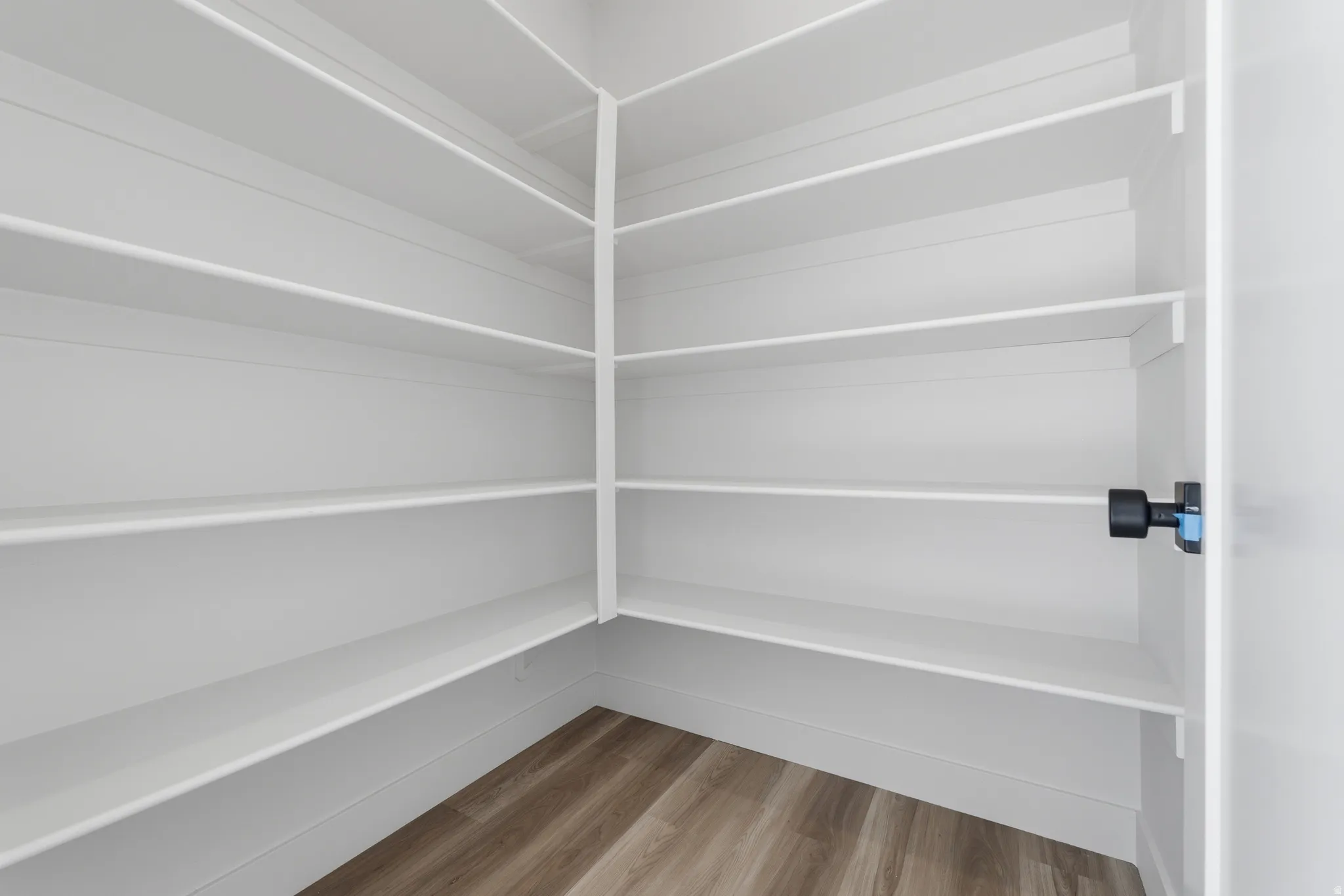 Corner pantry with white shelving, offering ample storage