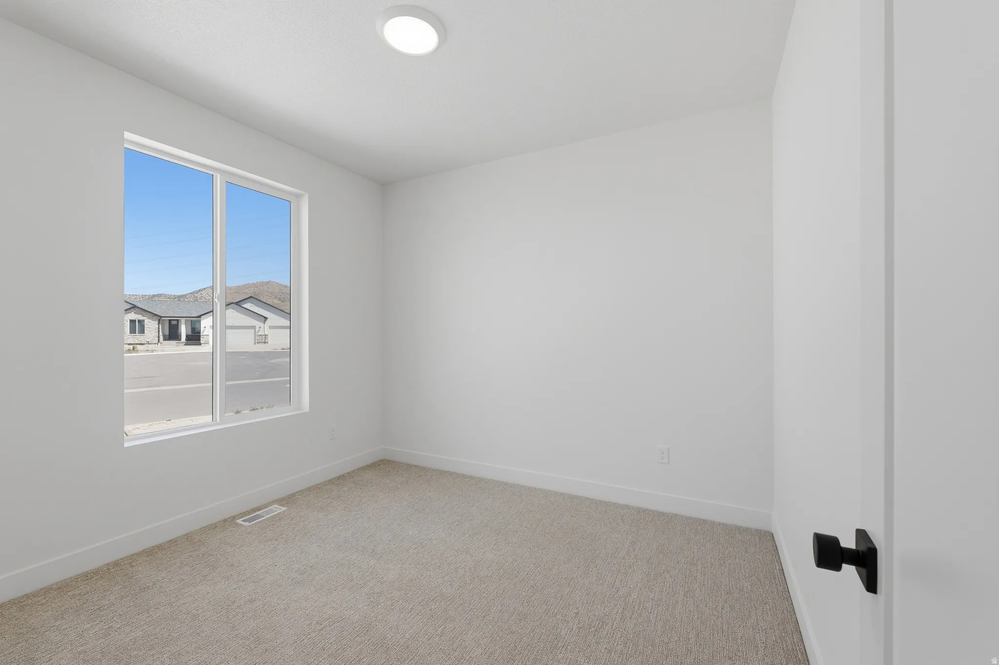 Neutral wall paint, carpet flooring, a single window, and a flush-mount ceiling light