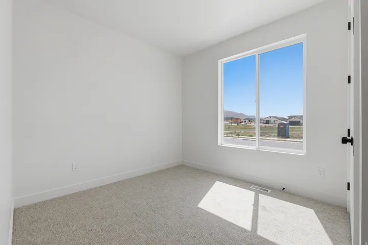 White painted walls, light-toned carpet flooring, and a large window