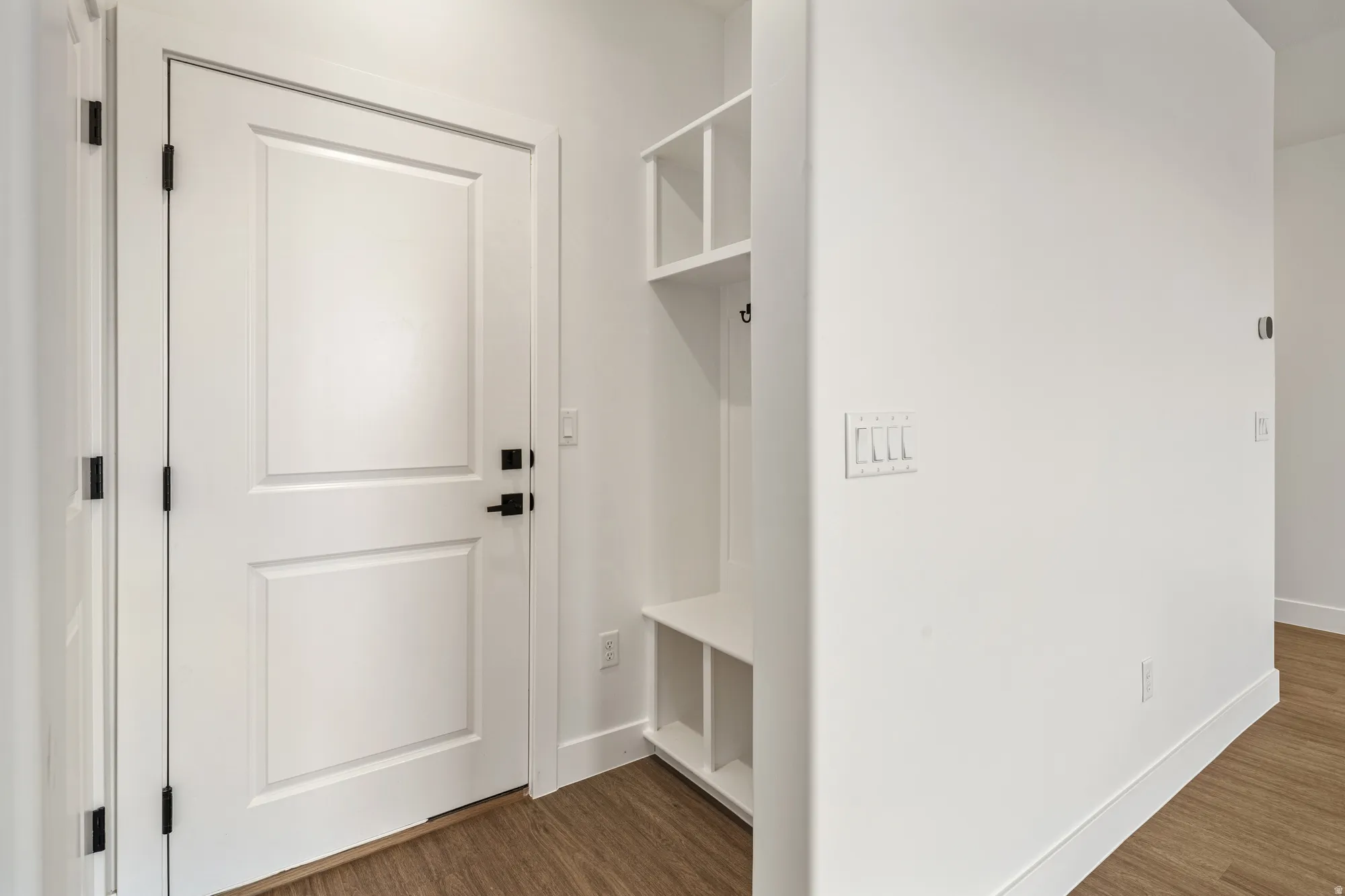 Two-panel interior doors with matte black hardware, built-in white shelving, wood-finish flooring, and white baseboards