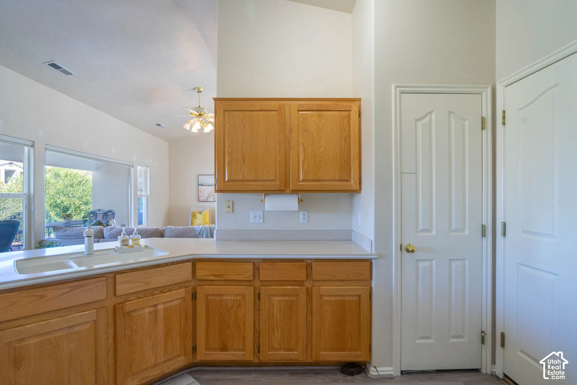 Kitchen area featuring wood-finish cabinetry, light-toned countertops, and a double basin sink