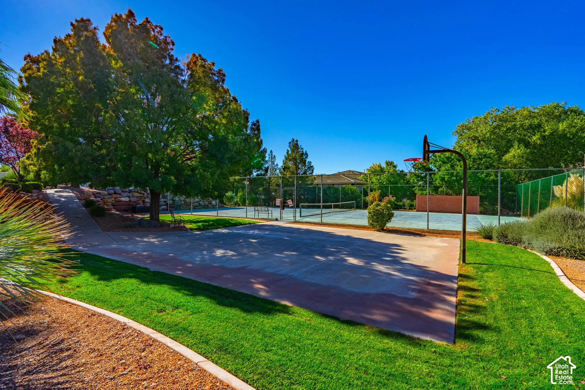 Expansive recreational grounds featuring a professional-grade sport court with protective netting, lush manicured lawn, mature specimen trees providing natural shade, and decorative hardscaping elements