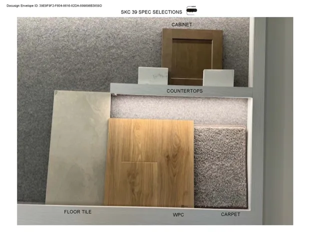 Material Specification Sheet. Displaying selected finishes for cabinets, countertops, floor tile, WPC, and carpet for the property