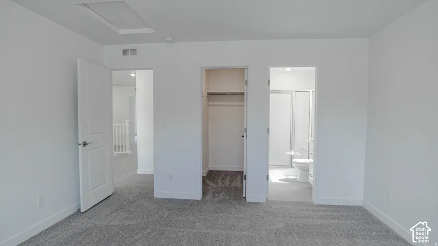 Light gray carpeted flooring, white interior doors, built-in closet with hanging rod, and a bathroom with a shower enclosure